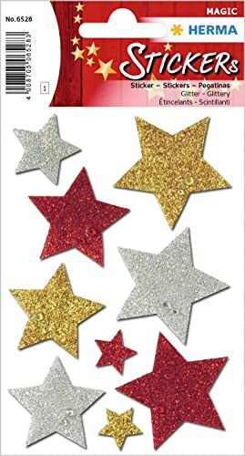 HERMA 6528 Stickers Stars Gold Silver Red Large Pack of 9 Star Stickers Made of Foil Christmas Stickers Star Stickers for Christmas Gifts Advent Calendar Decoration Children Reward DIY Crafts