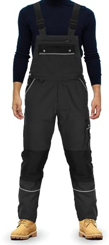 TMG® | Lange Arbeitslatzhose Herren, Schwarze Latzhose mit Kniepolstertaschen aus Cordura, viel Stauraum, robust | 52