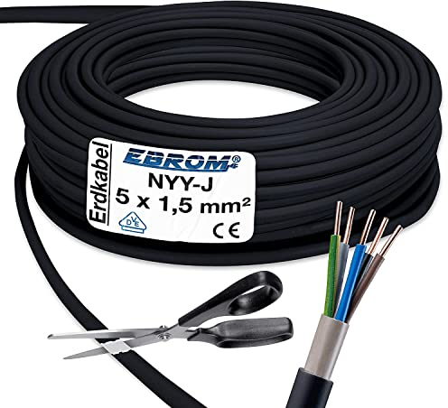 Corriente de alta intensidad – Cable (NYY-J 5 x 1,5 mm² – Plástico Subterráneo – 10 M/10 m/10 metros – Negro