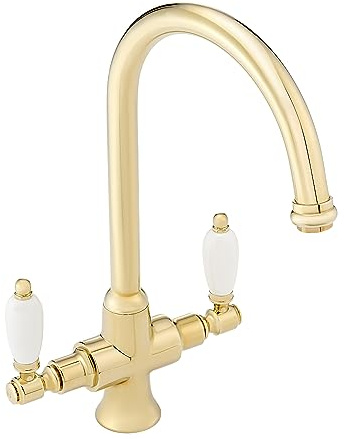 ENKI, Dorchester, KT061, Gold Polished Ceramic Dual Flow Kitchen Sink Mixer Tap for Basin, with Twin White Levers Swivel Spout Perfect for Double Bowl Sinks, Easy Safe to use Drip Free Ceramic Valve | Solid Brass, Ceramic Disc Valve, Low Pressure Compatible, Swivel Spout, Flexible Hoses Included, Kitchen Sink Tap, Swan Neck