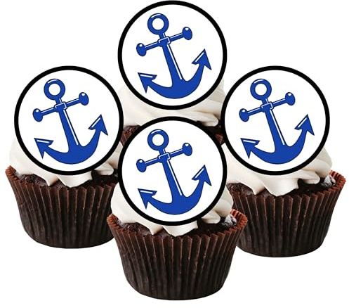 Blue Anchor Edible Cupcake Toppers – 4cm/1.5 Inch Precut Round Nautical Cake Decorations for Sailor, Navy & Coastal Party Themes (Pack of 24)