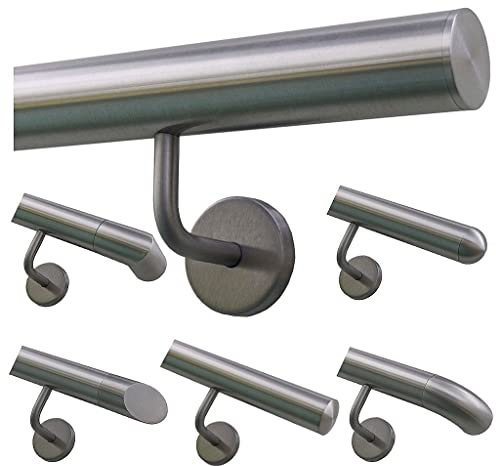 TIBU Handlauf Geländer Edelstahl Ø 42,4 mm - Länge 60 cm - Ende gerade Kappe und gewinkelte Halter - Rostfrei für Außen und Innen