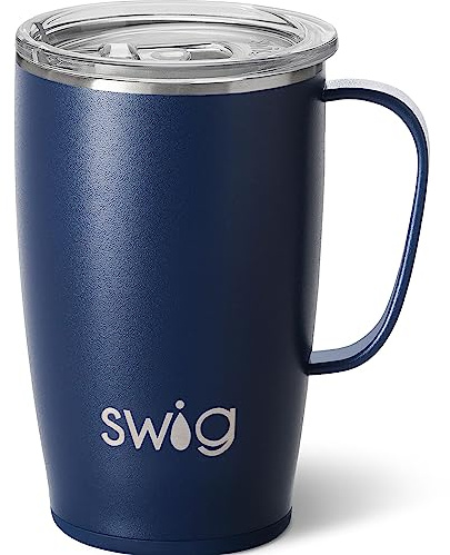 Swig Life 525 ml resemugg med handtag och lock, rostfritt stål, diskmaskinssäker, mugghållare vänlig, trippelisolerad kaffemugg tumlare (marinblå)