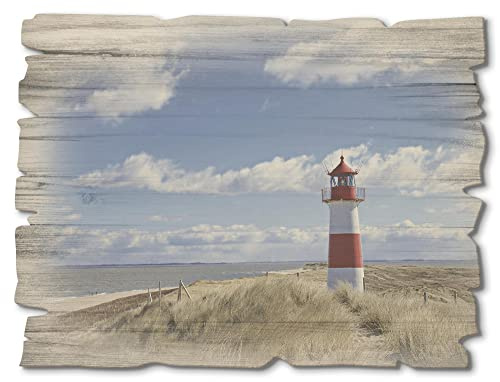 ARTland Wanddeko Bild aus Holz Holzbild vintage Deko 40x30 cm Querformat Strand Nordsee Küste Meer Düne Gräser Leuchtturm Sylt T9ML