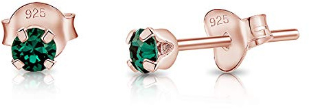 Pendientes de Botón Plata Ley 925 Chapados Oro Rosa 18K on Cristales Brillantes Esmeralda 3 mm - Pendientes Pequeños Oro para Mujer - Punto de Luz Hipoalergénicos