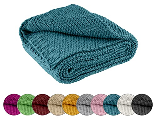 wometo Kuscheldecke Strick 140x190 türkis Petrol - Strickdecke oekoTex warme weiche Decke mit edlem und schlichten Strickmuster