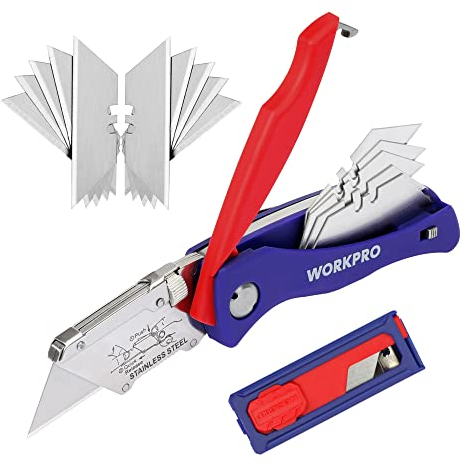 WORKPRO Teppichmesser Faltbares Universalmesser, Cutter Messer mit Klingenaufbewahrung und Gürtelclip, mit 15PC Ersatzklingen