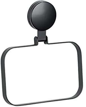 WENKO Porte Serviette Salle de bain mural Pavia, Anneau porte serviette mural fixation sans perçage Static Loc Plus, adhérence statique, Acier - Plastique, 18,5x2x21 cm, Noir mat
