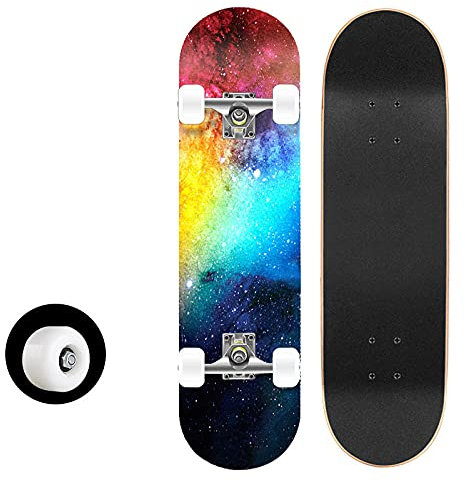 Skateboard Regenbogengalaxie Skateboard Kinder ab 8 Jahre 80x20cm 7-Lagigem Ahornholz Longboard Double Kick Komplett für Anfänger Jungen Mädchen Erwachsene Profi Penny Board
