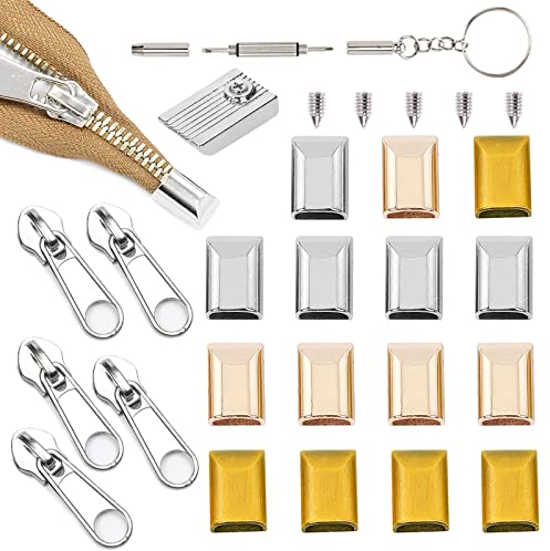 HJYZY 61 Stück Rectangle tail buckles Metal Zipper Stopper Rectangle Style Zipper Tail Clip mit Schraubenzieher Silber-Reißverschluss Ersatz Reißverschluss Reparatur Set Silber/Gold/Bronze