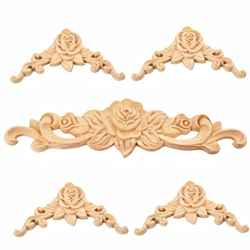 Wood Rose Appliques Onlays Set, 5Pcs Unpainted Decorative Carved Decals