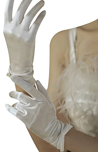 Wooauto Damen Satin handschuhe, 1Paar Elegante Kurze Handschuhee Brauthandschuhe Elegante Abendgesellschaft Kleid Handschuhe Sexy Kurze Tüll Hochzeithandschuhe für Tee Konzert Bankett Hochzeit,Weiß#1