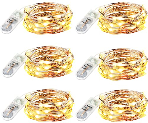 innolife Aufgerüstet 6 Stück LED Lichterkette Batterie mit Timer, 2M 20 LED Silberdraht Lichterketten Innen Batteriebetrieben Wasserdichte für Party Weihnachten Halloween Flasche Deko, Warmweiß