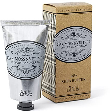 Naturally European Oak Moss and Vetiver Hand Cream Shea Butter 75ml | Moisturising Hand Cream with Shea Butter to Protect and Hydrate Skin. Earthy Floral Scent with Oak Moss and Vetiver Notes.
