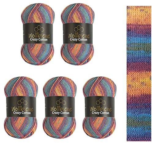5 x 100g Wollbiene Crazy Cotton Batik 500 Gramm mit Farbverlauf 55% Baumwolle mehrfarbig Multicolor Strickwolle Häkelwolle Wolle Ganzjahreswolle (5040 regenbogen pastell)