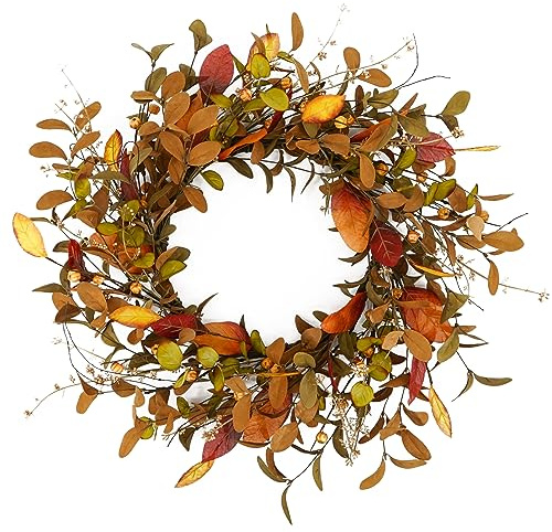 YNYLCHMX 18 Fall Wreaths for Front Door, Artificial Autumn Wreath Fall Door Wreath with Eucalyptus Leaves Berries Magnolia Leaves for Home Porch Window Wall Farmhouse Decor Indoor Outdoor Holiday | Artificial eucalyptus and magnolia leaves with berries, for porch, window, wall, farmhouse and holiday fall decor