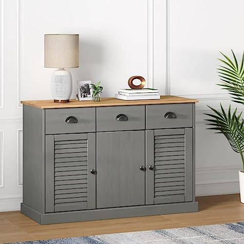 Hommdiy Sideboard mit Schubladen VIGO Kommode Highboard mit 3 Schubladen und 3 Türen Mexiko Stil 113x40x75 cm Massivholz Kiefer Grau