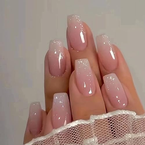 24 Pièces Faux Ongles Moyen Cercueil, Français Press on Nails Rose Ballerine Ongles à Coller, Acrylique Bâton sur Les Ongles avec Autocollants Adhesif Square Faux Ongles pour Femmes et Filles