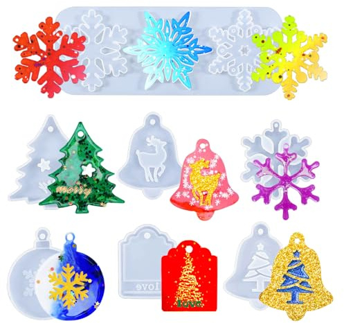 9 Styles Christmas Resin Molds, Rifanda Ornament Resin Mold Christmas Silicone Molds for Epoxy Resin for DIY Necklace Earrings Pendants, Epoxy Resin Molds Keychain Christmas Ornament Decorations