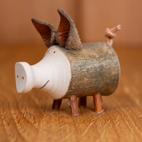 Staboos Astholzschwein 65mm - Glücksbringer Deko, handgefertigt | Massivholz-Holzfigur mit Naturrinde, jedes Stück ein Unikat – Glücksschwein & Holztier-Deko für Regal & Sideboard