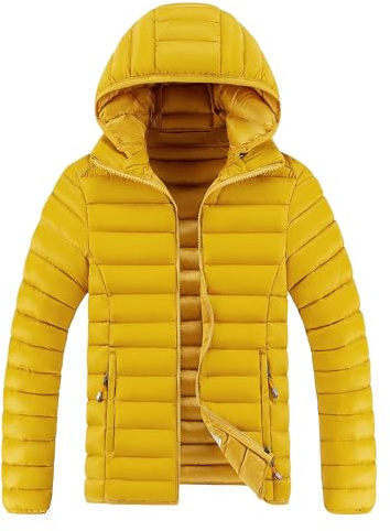 ZDJSWJ Chaqueta de plumón ligera con cremallera completa para hombre, chaqueta con capucha térmica cortavientos, chaqueta de invierno acolchada, amarillo, L