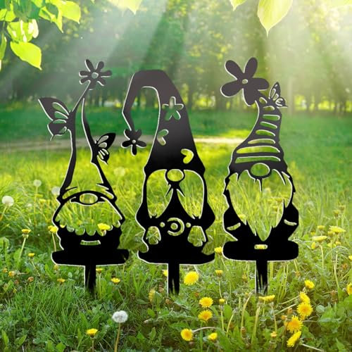 IFHFBI Metal Garden Gnomes Decor (3 Pack) - 12.5 Large Outdoor Decorative Stakes,Steel Funny Gnome Statues for Yard Art, Patio, Lawn, Spring & Easter Outdoor Decorations