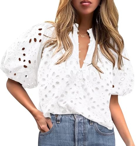 Blusas de verano con ojales para mujer, blusas de manga abombada, con ojales, cuello en V, botones de encaje hueco, camisas bordadas, Blanco, Large