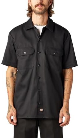 Dickies Camisa de Trabajo Flexible de Manga Corta para Hombre, Negro, L