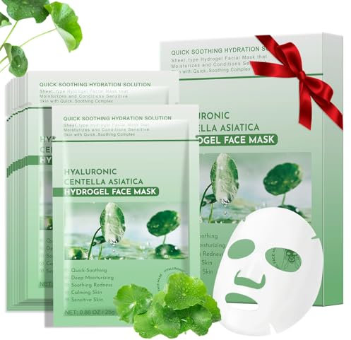 Pack of 10 Centella Asiatica Face Masks Skincare, Facial Masks with Aloe for Sensitive Skin, Daily Care Mositurizing Face Masks Skincare, Hyaluronic Acid Hydrating Sheet Face Mask Beauty Care