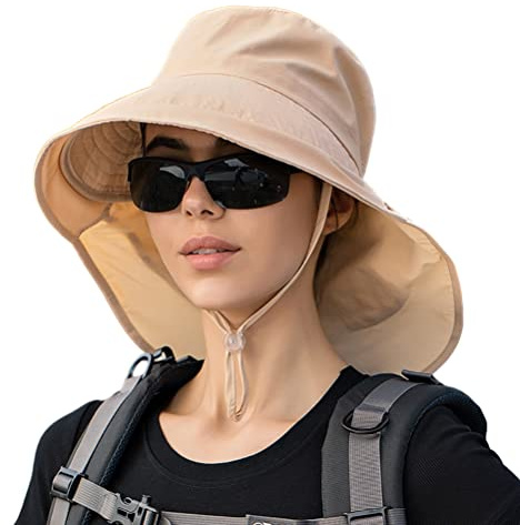 Nurnesy Chapeau de soleil pour femme avec rabat de cou à large bord Protection UV Chapeau cloche avec trou pour queue de cheval Mentonnière pour l'été, l'extérieur, l'alpinisme, le cyclisme, beige