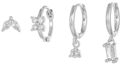 FFWTPY 4 Pezzi Orecchini Cerchio Zirconia Cubica Brillanti Cerchietti Argento Piccoli Pendenti Cristallo Eleganti