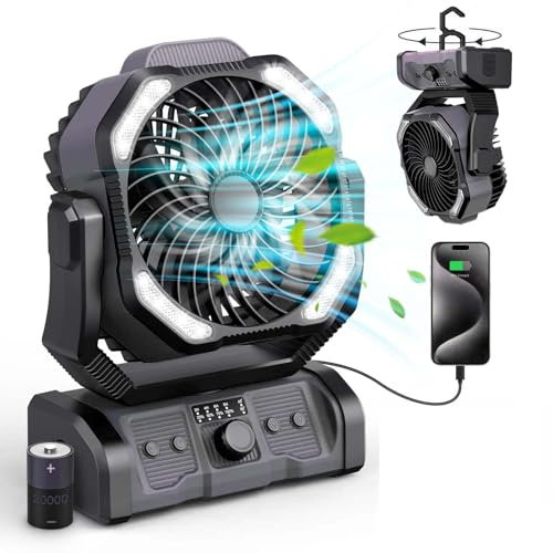 ONLYNEW Portable Camping Fan Rechargeable 20000mAh Battery Operated Oscillating Fan USB C Battery Powered with LED Lantern, Head Rotation,Timer, Remote Auto, Hook for Tents Travel Outdoor Beach Black