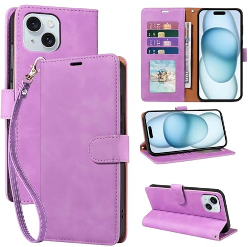 GOTOURED PU Leather Flip Case for iPhone 15 with Wallet (Purple) | RFID blocking, 4 ID/credit card slots, detachable wrist strap, adjustable stand, secure magnetic closure, shockproof