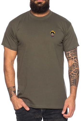 Ruffy Icon Straw Hat Besticktes Herren T-Shirt - Manga Stick Pirat Anime One, Farbe:Khaki, Größe:XXL