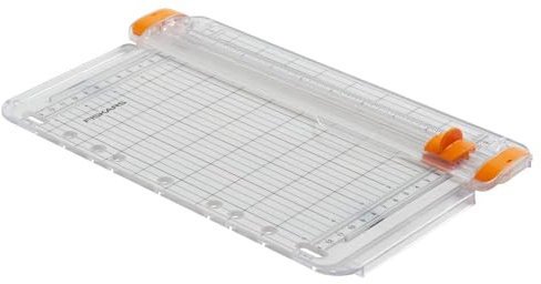 Fiskars Cortadora de Papel Portátil, SureCut, Formato Vertical A5, Formato Horizontal A4, Con Guía de Corte, Blanco/Naranja, 1077798