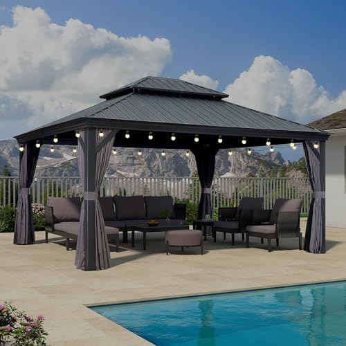 PURPLE LEAF Alu Pavillon 4 x 4.6 m LED Licht Entwässerungssystem, Grau | Bruchsichere Licht, Regenrinne, Sonnenschutz-Seitenvorhang, Insektensicheres Netzgewebe, Alurahmen, Metalldach, Feste Haken