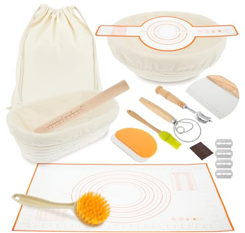 Juego de 13 cestas de prueba de pan, suministros reutilizables para hornear pan de masa madre, herramienta para hacer pan, accesorios para hacer pan de masa madre con alfombrilla de silicona para
