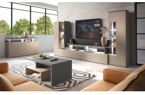 Lomadox Wohnzimmer Set 4-teilig in beige mit anthrazit mit LED Beleuchtung Sideboard Wohnwand Couchtisch