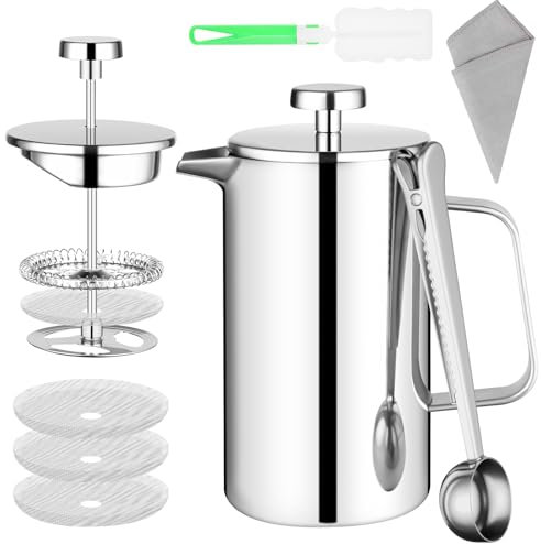 HOTUT French Press, 350ml Caffettiera Francese in Acciaio Inox, Caffettiera Pistone Filtro con 3 Fltri e Cucchiaio, Funzione Termica, Americano Macchina per Caffè o Tè, per 3 Tazze