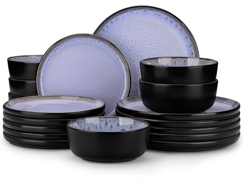 vancasso Amber 18 Pieces Dinner Set for 6, Reactive Glaze Stoneware Plates and Bowls Set, Purple Crockery Set with Dinner Plates, Dessert Plates & Cereal Bowls, Microwave & Dishwasher Safe