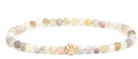 LAKADA Echtes Edelstein Armband mit facettierten 4mm Perlen und Edelstahlblüte Heilstein Schutzstein Edelsteinarmband Glücksbringer Talisman Geschenk