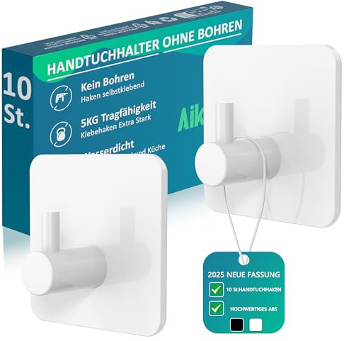 Aikzik Handtuchhalter ohne Bohren, 10er Set, Badezimmer Handtuchhalter aus ABS, hochwertige Klebehaken, langlebige Haken selbstklebend, ideal als funktionale Wandhaken, Weiß