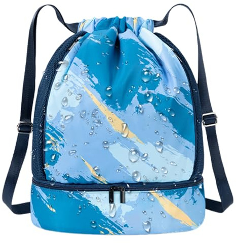 Mochila Natacion, Bolsa Piscina, Mochila con Cordón para Niños, Bolsa de Deporte con Compartimento para Calzado, Multifuncional con Separación Seco/Mojado para Vacaciones, Natación, Camping y Viaje