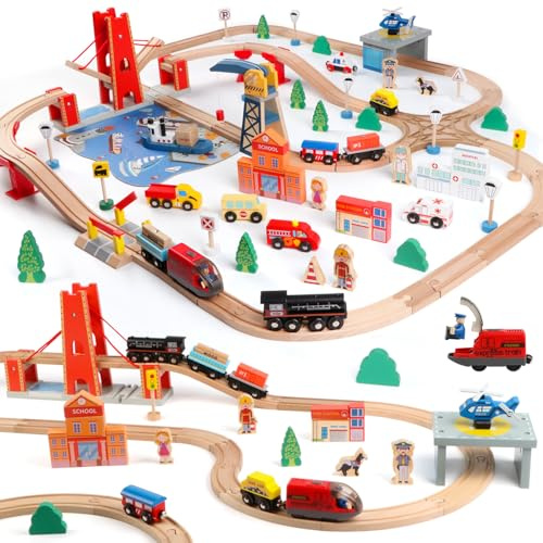 Qilay 121PCS Wooden Train Set with Storage Bag - Busy Port City Wooden Train Track Set Toy for Kids Ages 3+, Compatible with Major Brands, Great Birthday Railway Playset Gift for Boys & Girls