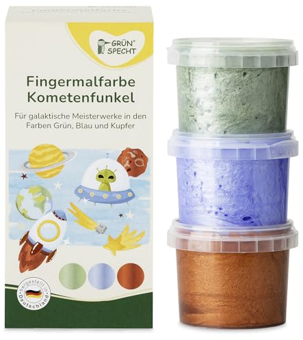 GRÜNSPECHT Fingermalfarbe Glitzer Kometenfunkel, 3 x 90 g,Malen & Basteln | 3 Farben (Grün, Blau, Kupfer), mit Maisstärke aus kbA , Malen & Basteln, Made in Germany