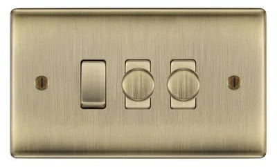 BG Nexus Antique Brass 3 Gang Switch 2x Trailing Edge LED Dimmer 1x Intermediate Custom Grid