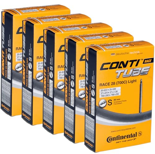 Continental Race 28 Light 700x20-25c Bicycle Inner Tubes, 80mm Long Presta Valve - 5 Pack w/ Decal