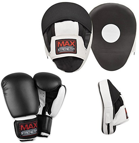 MAXSTRENGTH Schwarz/Weiß gebogenes Fokus-Pad-Set, Haken und Jab Pads mit MMA Kick-Training Boxhandschuhe (10 oz)