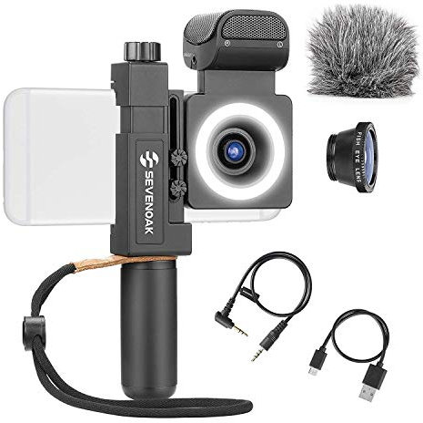 Sevenoak SmartCine by Movo - Complete Universal Smartphone Video Kit with Phone Rig, Built-in Stereo Microphone and LED Light, Wide-Angle and Fisheye Lenses - Compatible with iPhone and Android Phones