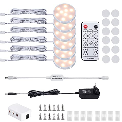 LABOREDUCER iluminación del gabinete, regulable bajo luces del gabinete con mando a distancia, 6pcs LED de luz nocturna luces del gabinete escaparate para la cocina, gabinete, armario de vinos (2700K)